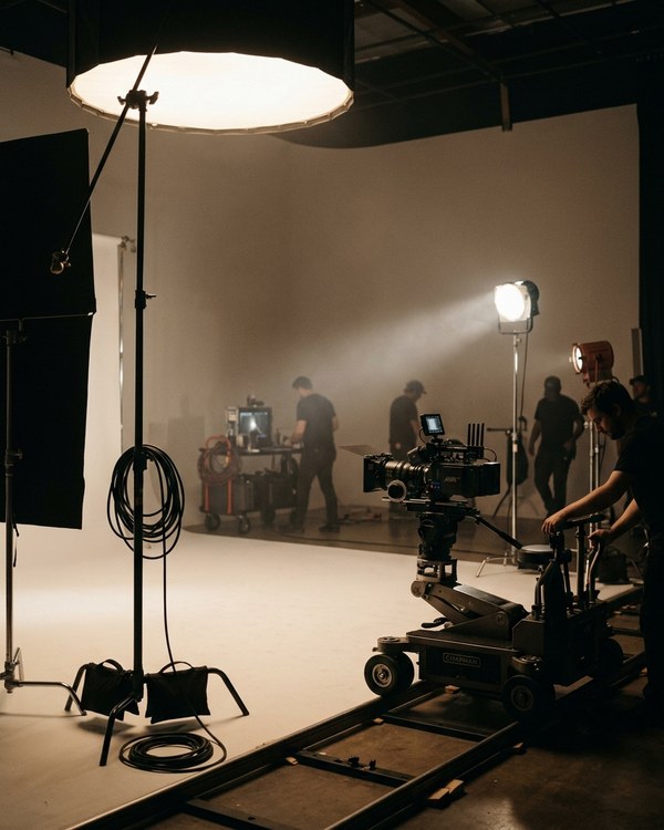 A film crew working around a cinema camera and lights on a hazy soundstage